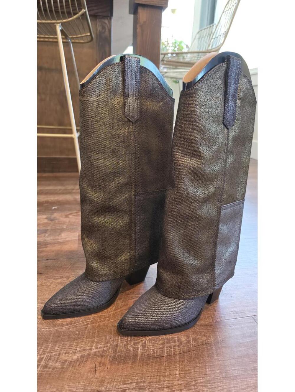 Marc Fisher LTD Harlo Foldover Metallic Western Boots in Black Size 8.5M